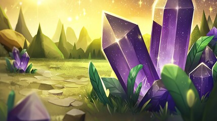 Poster - Striking purple crystal rising above a field under a starry night sky creating a magical and ethereal landscape full of wonder and beauty