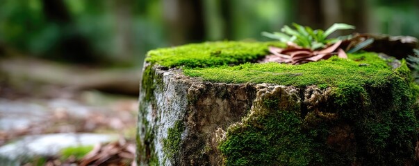Aufkleber - Tree stump representing environmental damage and forest decline concept. A lush, green moss-covered tree stump in a serene forest setting.