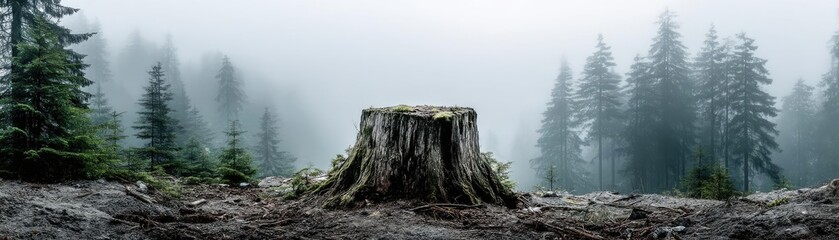 Poster - Tree stump representing environmental damage and forest decline concept. A foggy landscape with a tree stump surrounded by towering pines.