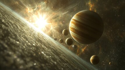 Poster - A spectacular view of multiple planets gracefully aligned in the sky with dramatic volumetric lighting effects illustrating cosmic wonders