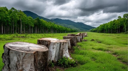 Poster - Tree stump reflecting deforestation and climate change crisis concept. Deforested area with tree stumps and lush green grass backdrop.