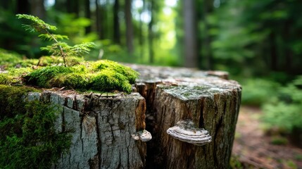 Poster - Tree stump representing environmental damage and forest decline concept. Close-up of moss and mushrooms on a weathered tree stump.