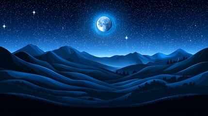 Poster - Majestic illustration of a night scene featuring a full moon casting its glow over a starry sky creating an enchanting atmosphere