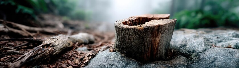 Poster - Tree stump exposing illegal forest damage and biodiversity loss concept. A serene forest scene featuring a moss-covered tree stump.