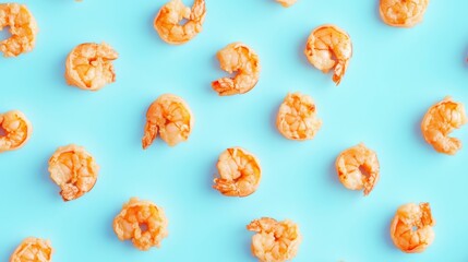 Poster - Cooked shrimp arranged in a repeating pattern on a light blue background.