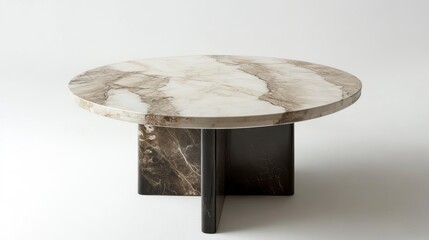 Poster - Round marble coffee table with dark brown base on white background.