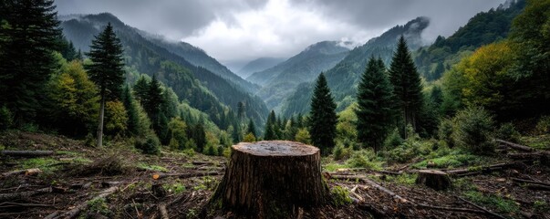 Poster - Tree stump exposing illegal forest damage and biodiversity loss concept. A scenic view of a forest with a tree stump in the foreground.