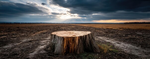 Poster - Tree stump reflecting deforestation and climate change crisis concept. Dramatic landscape featuring a solitary tree stump under clouds.