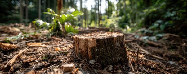 Poster - Tree stump exposing illegal forest damage and biodiversity loss concept. A close-up of a tree stump in a lush green forest setting.