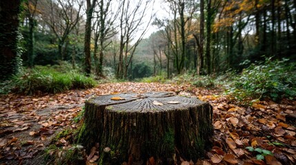 Aufkleber - Tree stump representing environmental damage and forest decline concept. A serene forest scene with a tree stump among autumn leaves.