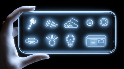 A hand holding a glowing smartphone with icons displayed on screen