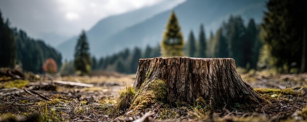 Poster - Tree stump representing environmental damage and forest decline concept. A tranquil view of a tree stump in a serene forest landscape.