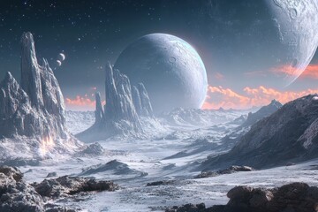 Poster - Futuristic landscape featuring distant planets and celestial bodies in a serene extraterrestrial environment, Futuristic landscape with space elements and celestial bodies looming over alien terrain