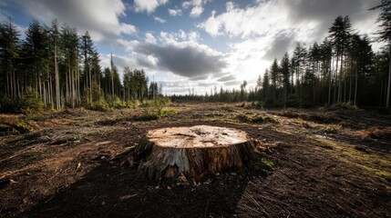 Poster - Tree stump exposing illegal forest damage and biodiversity loss concept. A tree stump in a deforested area surrounded by tall trees.