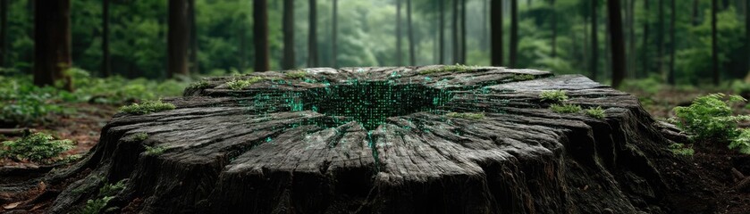 Poster - Tree stump reflecting deforestation and climate change crisis concept. A lush forest scene featuring a weathered tree stump surrounded by greenery.