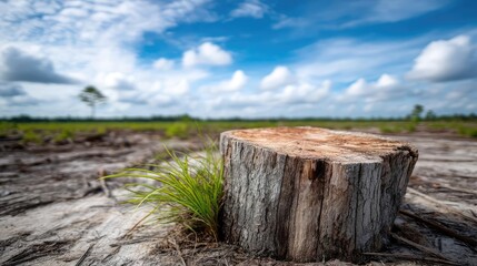 Poster - Tree stump exposing illegal forest damage and biodiversity loss concept. Cut tree stump with grass, symbolizing nature's resilience.
