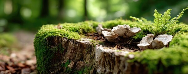 Poster - Tree stump exposing illegal forest damage and biodiversity loss concept. A close-up of moss and mushrooms on a tree stump in nature.