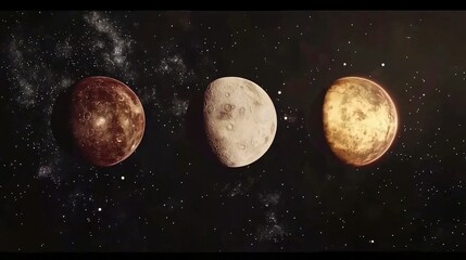 Poster - Three distant planets floating gracefully in the sky, radiating glowing reflections against a cosmic background that evokes wonder and imagination