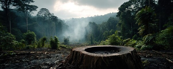 Poster - Tree stump exposing illegal forest damage and biodiversity loss concept. A forest scene showcasing deforestation and its impact.