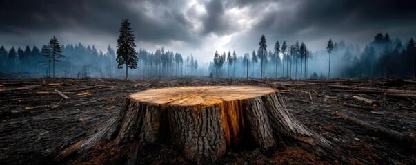 Aufkleber - Tree stump exposing illegal forest damage and biodiversity loss concept. A stark image of a tree stump in a deforested landscape.