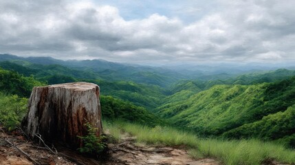 Poster - Tree stump reflecting deforestation and climate change crisis concept. A scenic view of lush mountains with a tree stump in focus.