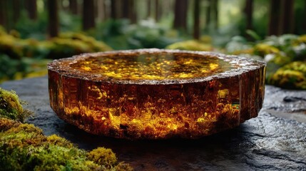 Poster - Tree stump exposing illegal forest damage and biodiversity loss concept. Glowing amber resin on a mossy forest floor surrounded by greenery.