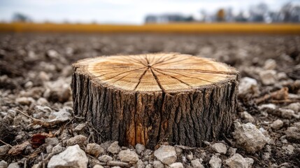 Poster - Tree stump representing environmental damage and forest decline concept. A tree stump on rocky ground with distant fields in the background.