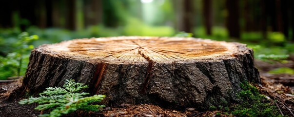 Aufkleber - Tree stump exposing illegal forest damage and biodiversity loss concept. A tree stump surrounded by lush greenery in a forest setting.