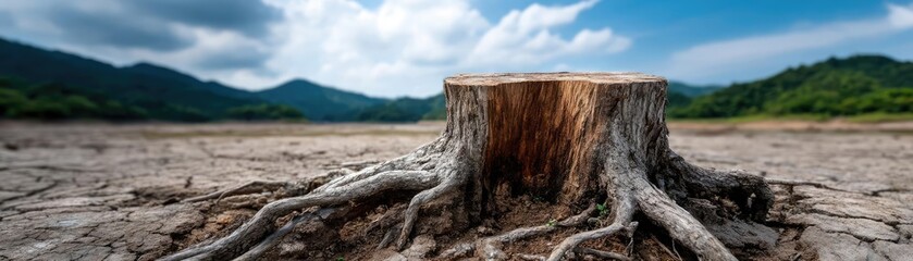 Poster - Tree stump representing environmental damage and forest decline concept. A tree stump surrounded by cracked ground and mountains in view.