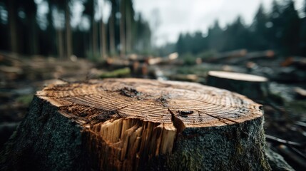 Poster - Tree stump representing environmental damage and forest decline concept. Close-up of a tree stump in a deforested area, highlighting nature's impact.
