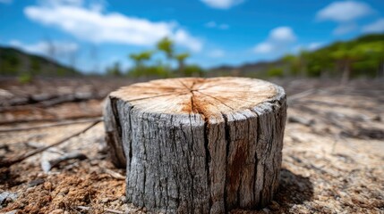Poster - Tree stump representing environmental damage and forest decline concept. A close-up of a tree stump amidst a natural landscape.