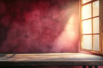 Fototapete - Rustic wooden table in front of a burgundy textured wall, with sunlight streaming through an open window