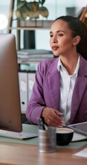 Poster - Business woman, tablet and typing for communication in office for email, correspondence or feedback. Tech, check schedule and female employee on app with internet at workplace for administration