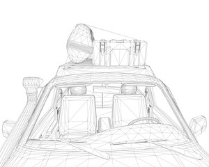 Poster - A car is filled with luggage and a ball. The luggage is piled on the roof of the car