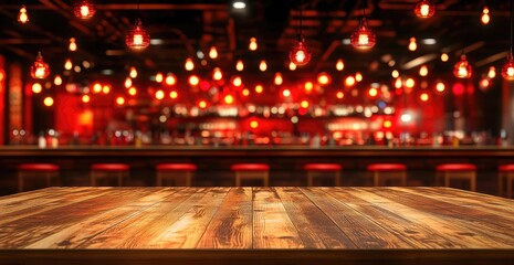 Fototapete - Empty wooden bar top, blurred view of a busy, red-lit bar