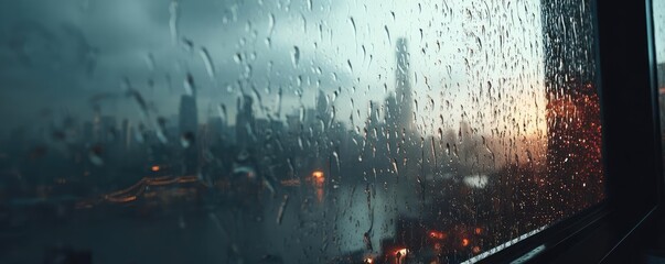 Poster - Raindrop on a window combining rain, mood, and urban pattern concept. City skyline viewed through a rain-soaked window at sunset.