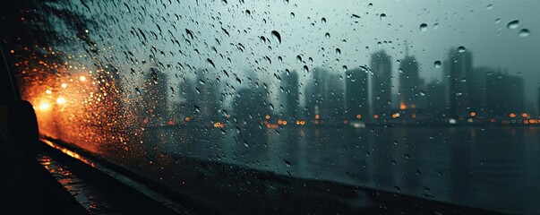 Poster - Raindrop on a window combining rain, mood, and urban pattern concept. A rainy cityscape view through a wet window at twilight.