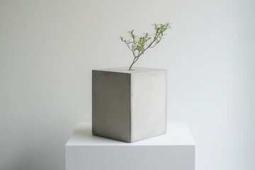 Aufkleber - Concrete cube planter: small branch sprouts in a minimalist, modern display.  Stylish, cool and collected in a calming white room.
