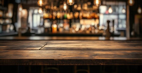 Fototapete - Empty wooden bar top in front of a blurred pub interior  Warm, dark, and dimly lit pub scene, with vintage Edison style bulbs, and liquor bottles in the background