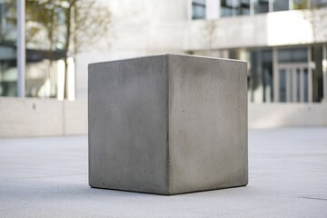 Aufkleber - A textured, neutral-toned concrete cube stands in an urban landscape. The minimalist sculpture contrasts with the architectural backdrop.