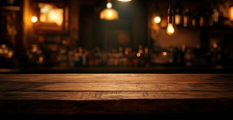 Fototapete - Rustic wooden bar top, dimly lit interior