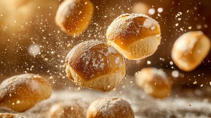 Poster - Delicious golden-brown bread rolls levitating, dusted with powdered sugar, against a warm background.