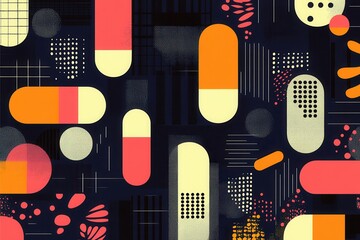 Poster - Vibrant abstract pattern featuring geometric shapes in shades of orange, yellow, and red on a dark blue backdrop, showcasing modern art.