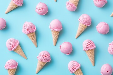 Poster - A delightful arrangement of pink ice cream cones and scoops on a light blue backdrop, perfect for a sweet treat concept or summer dessert theme.