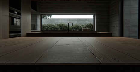Fototapete - Modern kitchen interior, wooden table, overlooking a garden through a large window  Dark tones, minimalist design, clean lines