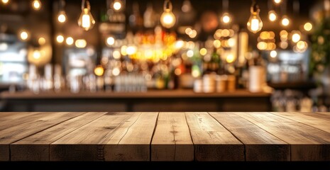 Fototapete - Empty wooden table in front of a blurred bar scene Warm lighting, bokeh effect