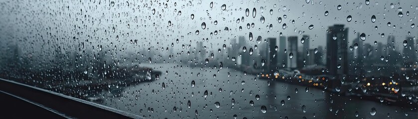 Poster - Raindrop on a window featuring sad city mood and water texture concept. Rainy cityscape with droplets on window, capturing urban mood.