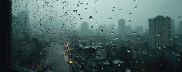 Poster - Raindrop on a window featuring sad city mood and water texture concept. Raindrops on glass with cityscape blurred in the background.