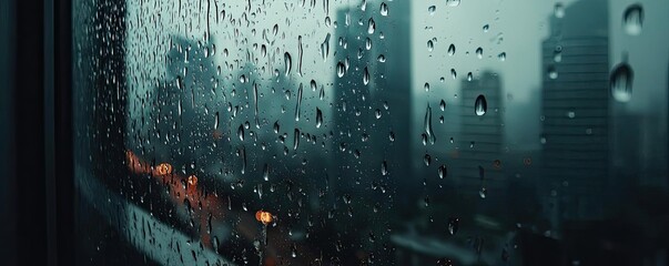 Poster - Raindrop on a window featuring sad city mood and water texture concept. Raindrops on a window pane overlooking a city skyline.
