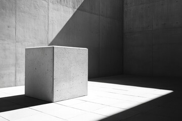 Fototapete - Monochrome image featuring a solitary concrete cube bathed in light within a stark, minimalist architectural space.